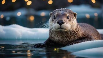 A curious otter resting on ice, surrounded by soft bokeh lights in a serene setting. photo
