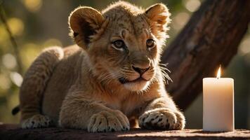 A young lion cub resting beside a lit candle in a serene natural setting. photo
