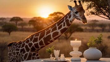 A giraffe approaches a beautifully set table at sunset, creating a serene atmosphere. photo