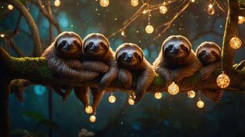 Five sloths relax on a branch adorned with glowing lights in a serene forest setting. photo