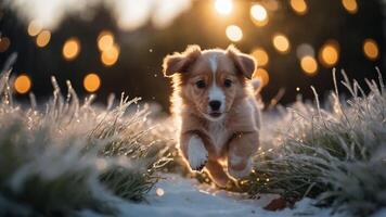 A playful puppy runs through frosty grass with a warm sunset backdrop. photo