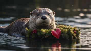 An otter wearing a festive wreath and holding a heart floats in a serene water setting. photo