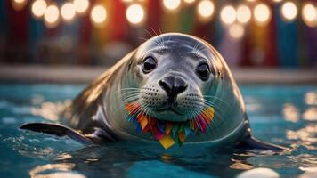 A playful seal with a colorful collar swimming in a pool, exuding charm and joy. photo