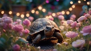 A tortoise in a flower garden illuminated by soft lights. photo