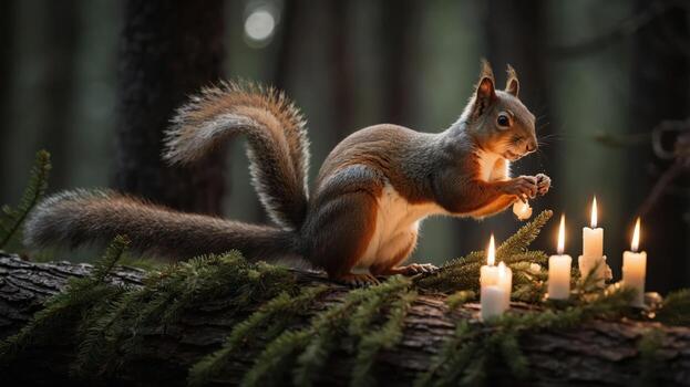 A squirrel interacts with candles on a log in a serene forest setting. photo