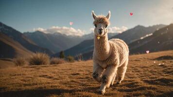 A playful llama running in a scenic mountain landscape, surrounded by a warm sunset glow. photo