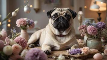 A pug surrounded by colorful flowers, creating a charming and cozy atmosphere. photo