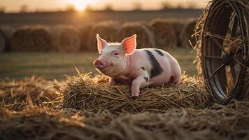 A piglet resting on a straw bale during sunset in a rural setting. photo
