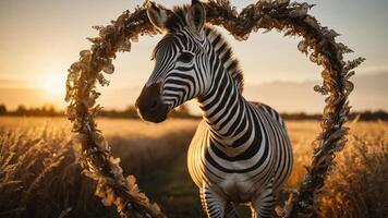 A zebra poses elegantly within a heart-shaped frame at sunset in a golden field. photo
