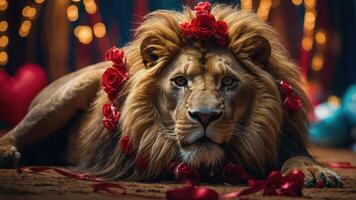 A majestic lion adorned with red roses, exuding elegance and power in a vibrant setting. photo