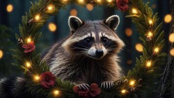 A raccoon framed by a decorative wreath with lights and flowers, creating a festive atmosphere. photo