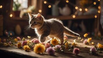 A playful kitten walks among colorful flowers in a cozy, softly lit environment. photo