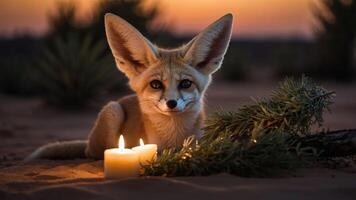 A serene fennec fox rests beside candles and greenery at sunset in a desert landscape. photo