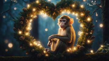 A monkey sits in a heart-shaped wreath adorned with lights, set in a mystical forest. photo