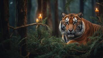 A majestic tiger rests among trees with candles, creating a mystical forest atmosphere. photo