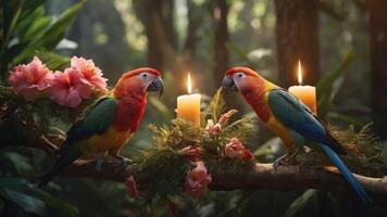 Two colorful parrots perched on a branch surrounded by flowers and candles in a lush forest. photo