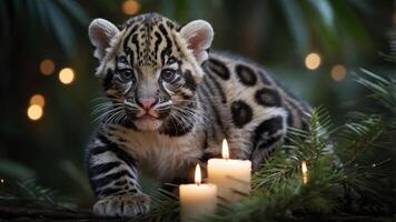 A playful young leopard cub sits among candles and greenery, creating a cozy atmosphere. photo