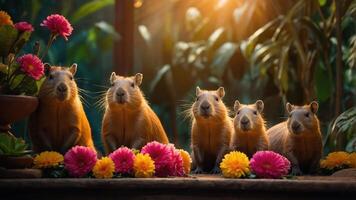 Five capybaras surrounded by colorful flowers in a serene setting. photo