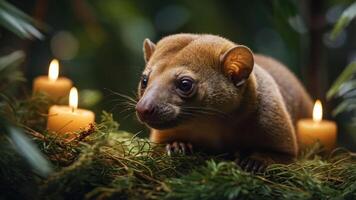 A close-up of a small mammal surrounded by candles in a lush, green setting. photo