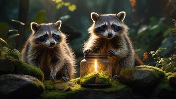 Two raccoons curiously examine a glowing jar in a lush, green forest setting. photo