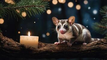 A sugar glider perched on a branch beside a lit candle, creating a cozy atmosphere. photo