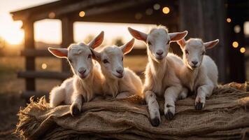 Four playful goats resting on a hay bale during sunset, capturing a serene farm atmosphere. photo
