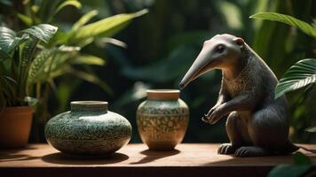 A stylized anteater beside decorative pots in a lush green setting. photo
