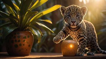 A playful jaguar cub interacts with a glowing object beside lush green plants. photo
