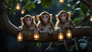 Three monkeys sitting on a branch with lanterns, creating a whimsical atmosphere. photo