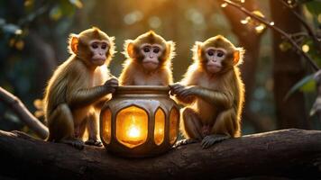 Three monkeys curiously gather around a glowing lantern in a serene forest setting. photo