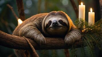 A sloth resting on a branch surrounded by candles in a serene forest setting. photo