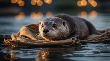 A close-up of an otter resting on a textured surface in a serene water setting. photo