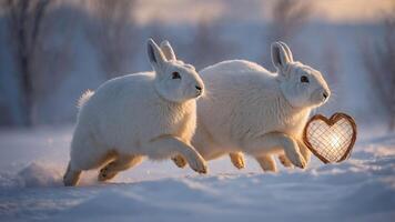 Two white rabbits joyfully running in the snow, holding a glowing heart-shaped object. photo