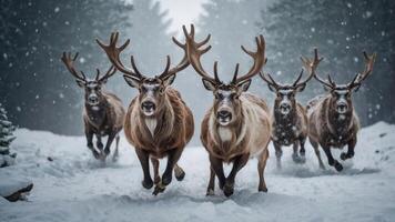 A group of reindeer running through a snowy forest during a snowstorm. photo