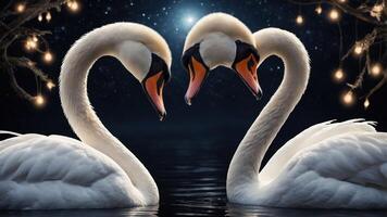Two swans forming a heart shape against a starry night backdrop with soft glowing lights. photo