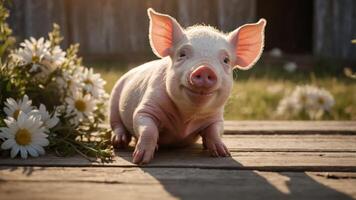 A cute piglet smiling among daisies in a rustic setting. photo
