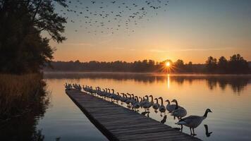 Serene sunrise over a lake with swans on a dock and birds flying in the sky. photo