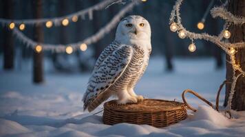 A snowy owl perched on a basket in a winter forest, illuminated by string lights. photo