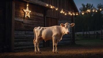 A serene scene featuring a cow illuminated by fairy lights near a rustic barn at dusk. photo