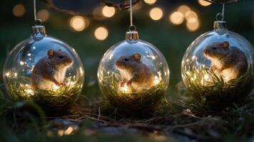 Three glass ornaments with hamsters and fairy lights, set against a blurred background. photo