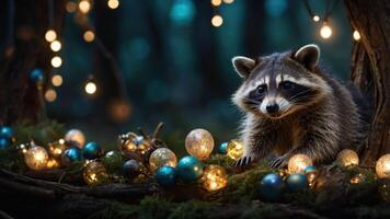A raccoon surrounded by colorful ornaments and soft lights in a serene forest setting. photo