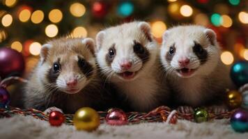 Three playful ferrets surrounded by colorful ornaments and holiday lights. photo
