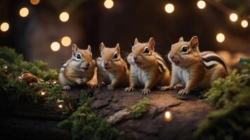 Four chipmunks sitting on a log surrounded by greenery and soft lights. photo