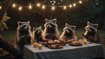 A whimsical scene of raccoons dining at a table under fairy lights in a forest. photo