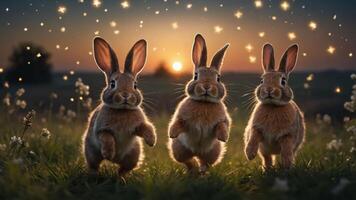 Three playful rabbits frolic in a magical sunset setting with sparkling lights. photo