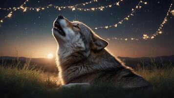 A wolf howling under a starry sky with decorative lights and a glowing moon. photo