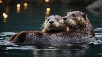 Two otters floating together in a serene water setting, showcasing their playful nature. photo