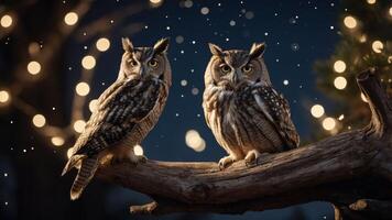 Two owls perched on a branch with a bokeh background of lights. photo