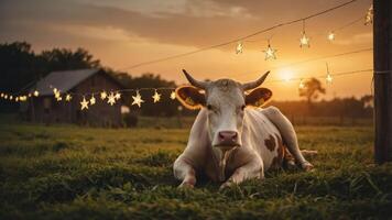 A serene cow rests in a field at sunset, surrounded by twinkling star lights. photo