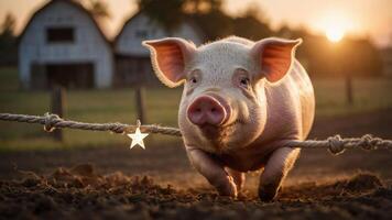 A playful pig running joyfully in a farm setting during sunset. photo